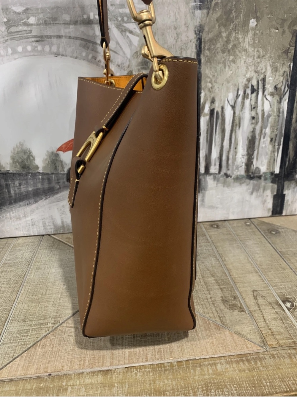 Leather Bucket Shoulder Bag in Brown with Gold Accent - Picture 7 of 16